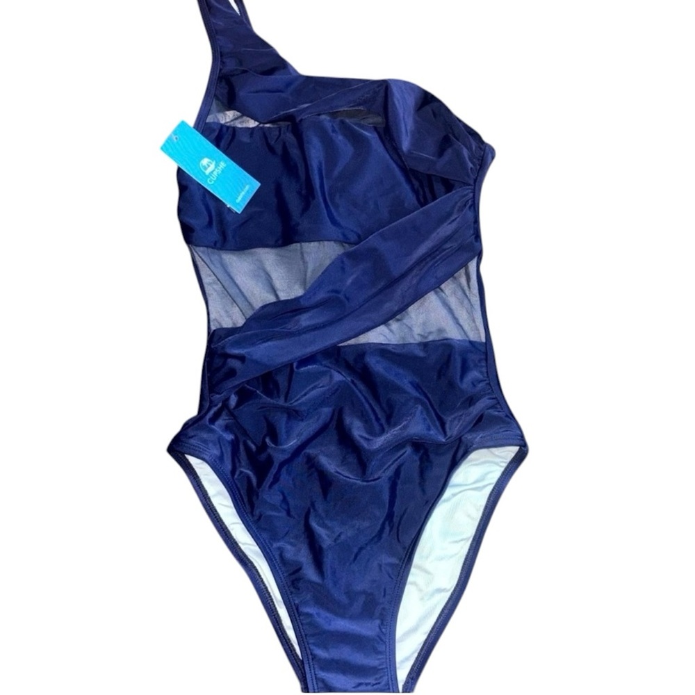 CUPSHE One Shoulder Mesh Swimsuit One Piece Womens XS Navy Tummy Contouring